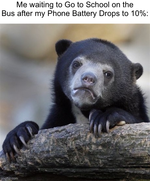 As a Teenager, I would relate to this. | Me waiting to Go to School on the Bus after my Phone Battery Drops to 10%: | image tagged in memes,confession bear,school,phone,school bus,relatable memes | made w/ Imgflip meme maker