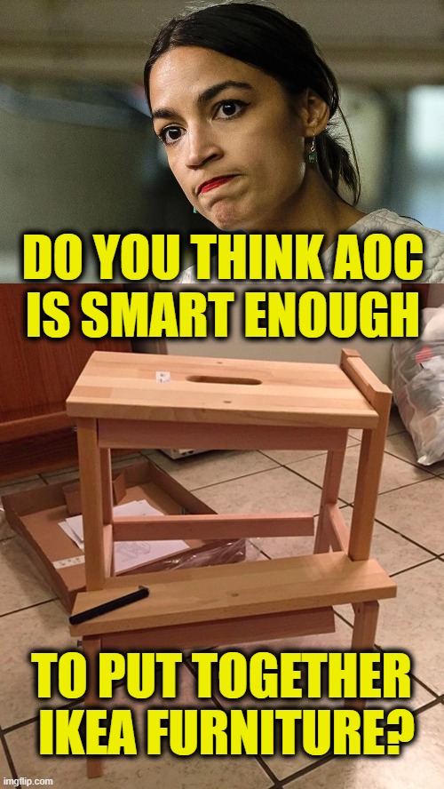 Best & Brightest? | DO YOU THINK AOC
IS SMART ENOUGH; TO PUT TOGETHER 
IKEA FURNITURE? | image tagged in crazy aoc | made w/ Imgflip meme maker