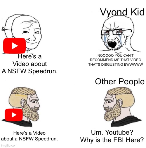 FBI OPEN UP! | Vyond Kid; Here’s a Video about A NSFW Speedrun. NOOOOO YOU CAN’T RECOMMEND ME THAT VIDEO THAT’S DISGUSTING EWWWWW; Other People; Um. Youtube? Why is the FBI Here? Here’s a Video about a NSFW Speedrun. | image tagged in chad we know,youtube,memes,funny,why is the fbi here,fbi | made w/ Imgflip meme maker