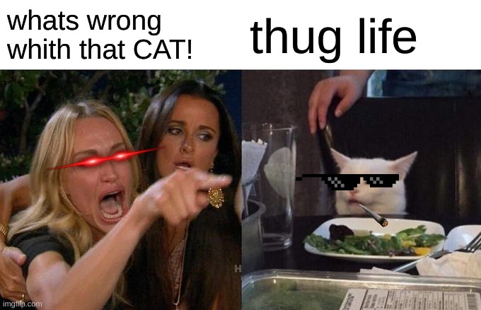 thug life | whats wrong whith that CAT! thug life | image tagged in memes,woman yelling at cat | made w/ Imgflip meme maker