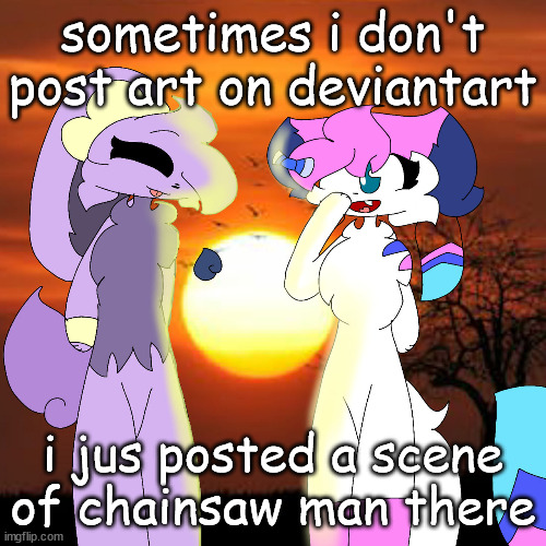 sylceon and lavender | sometimes i don't post art on deviantart; i jus posted a scene of chainsaw man there | image tagged in sylceon and lavender | made w/ Imgflip meme maker