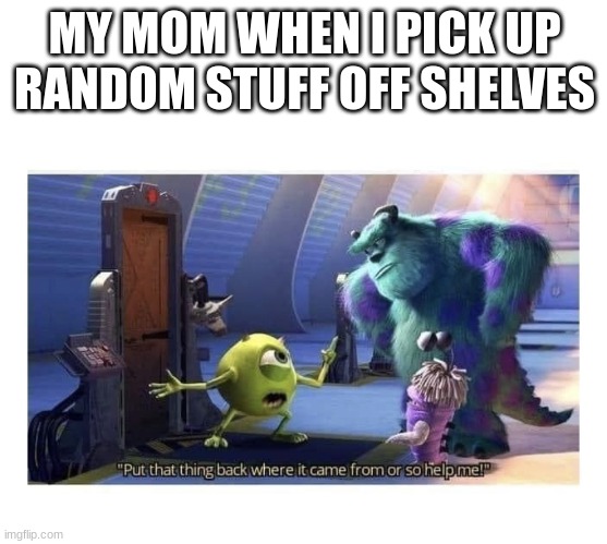 "So help me, So help me" | MY MOM WHEN I PICK UP RANDOM STUFF OFF SHELVES | image tagged in mike wazowski put that thing back where it came from | made w/ Imgflip meme maker
