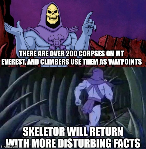 Gross | THERE ARE OVER 200 CORPSES ON MT EVEREST, AND CLIMBERS USE THEM AS WAYPOINTS; SKELETOR WILL RETURN WITH MORE DISTURBING FACTS | image tagged in he man skeleton advices | made w/ Imgflip meme maker