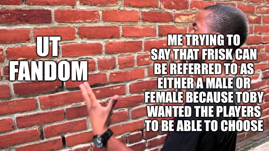 Crap I made and then passed out for four hours before actually posting it | UT FANDOM; ME TRYING TO SAY THAT FRISK CAN BE REFERRED TO AS EITHER A MALE OR FEMALE BECAUSE TOBY WANTED THE PLAYERS TO BE ABLE TO CHOOSE | image tagged in talking to wall,stupid people | made w/ Imgflip meme maker