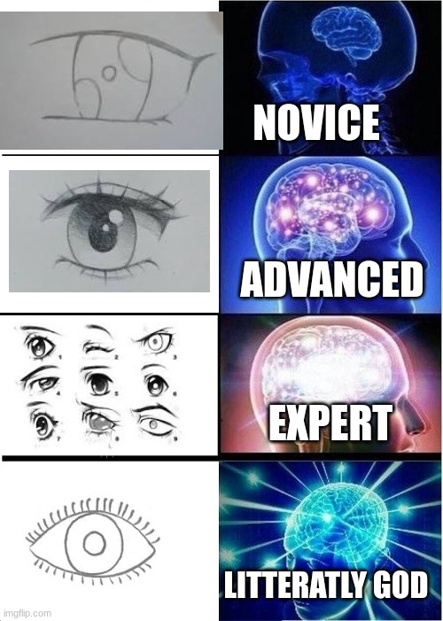 yes yes 100% true yes yes | NOVICE; ADVANCED; EXPERT; LITTERATLY GOD | image tagged in memes,expanding brain | made w/ Imgflip meme maker