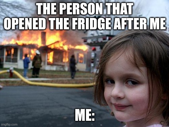 Fridge meme | THE PERSON THAT OPENED THE FRIDGE AFTER ME; ME: | image tagged in memes,disaster girl,fridge | made w/ Imgflip meme maker