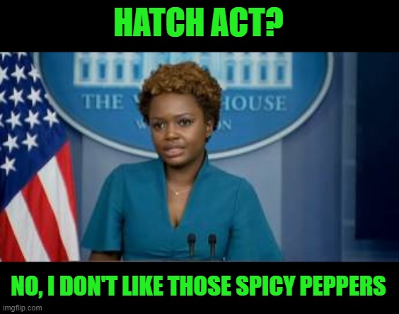Deputy Secretary Karine Jean-Pierre | HATCH ACT? NO, I DON'T LIKE THOSE SPICY PEPPERS | image tagged in deputy secretary karine jean-pierre | made w/ Imgflip meme maker
