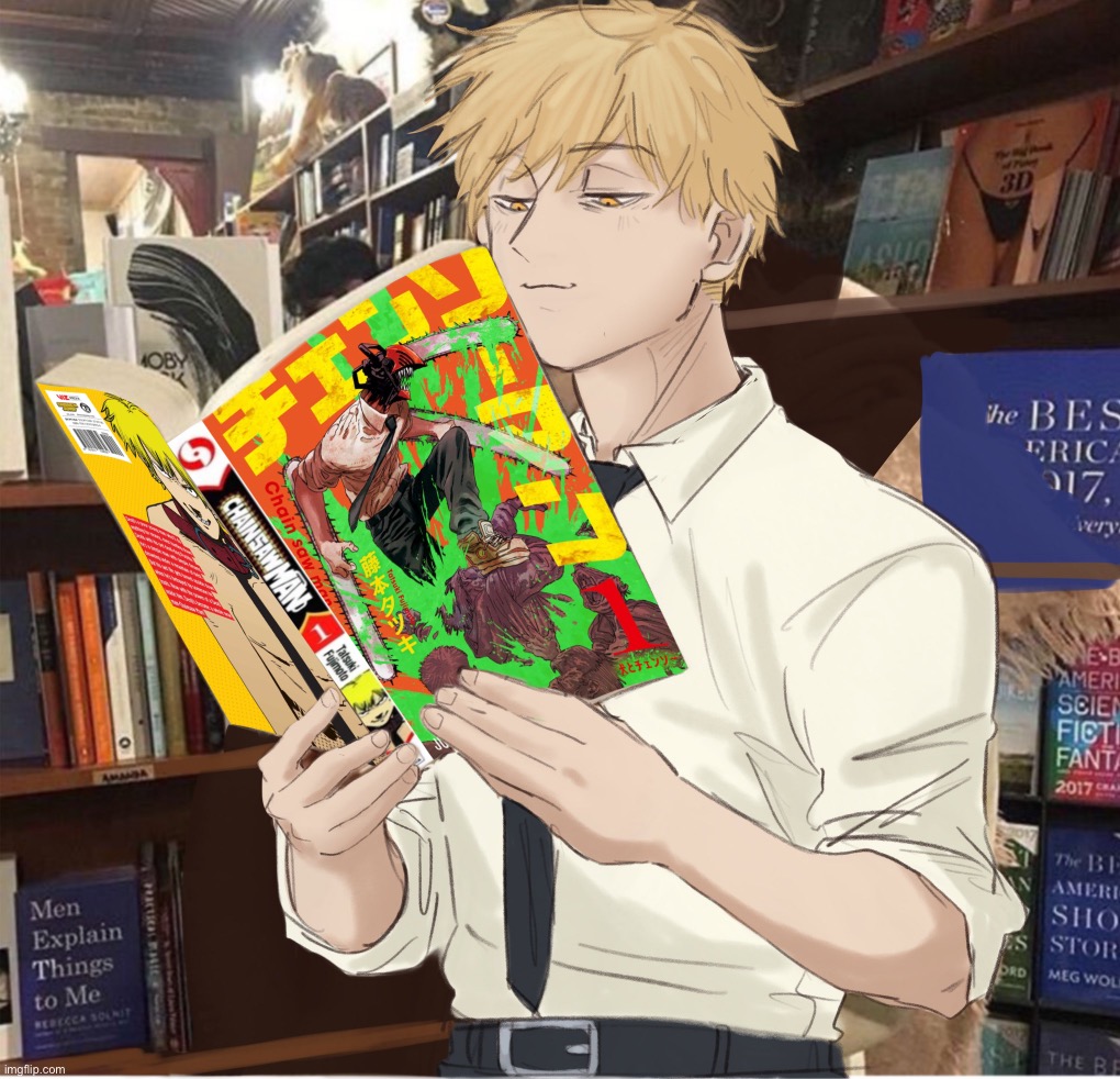 Denji reading chainsaw man | image tagged in denji reading chainsaw man | made w/ Imgflip meme maker