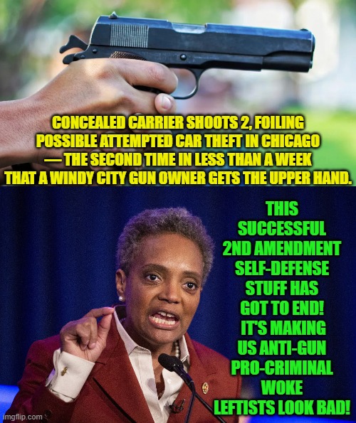 Yeah, you tell 'em Mayor Lightfoot!  Darn 2nd Amendment supporters. | THIS SUCCESSFUL 2ND AMENDMENT SELF-DEFENSE STUFF HAS GOT TO END!  IT'S MAKING US ANTI-GUN PRO-CRIMINAL WOKE LEFTISTS LOOK BAD! CONCEALED CARRIER SHOOTS 2, FOILING POSSIBLE ATTEMPTED CAR THEFT IN CHICAGO — THE SECOND TIME IN LESS THAN A WEEK THAT A WINDY CITY GUN OWNER GETS THE UPPER HAND. | image tagged in reality | made w/ Imgflip meme maker