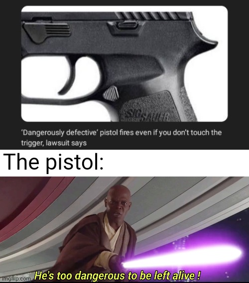 The pistol | The pistol: | image tagged in he's too dangerous to be left alive,pistols,pistol,memes,firearm,gun | made w/ Imgflip meme maker