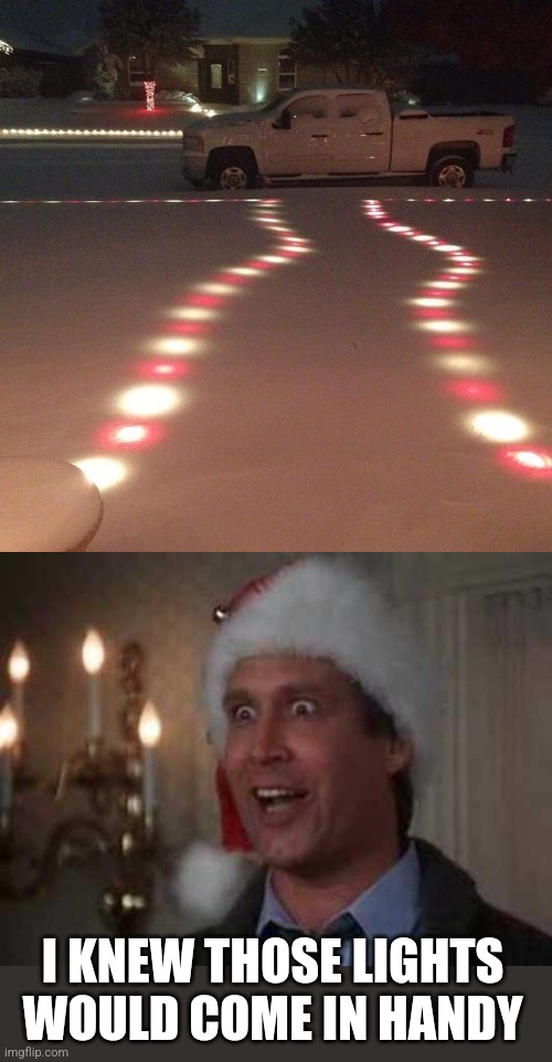 LIGHTED PATH IN THE SNOW | I KNEW THOSE LIGHTS WOULD COME IN HANDY | image tagged in clark griswold,snow,christmas lights,christmas | made w/ Imgflip meme maker