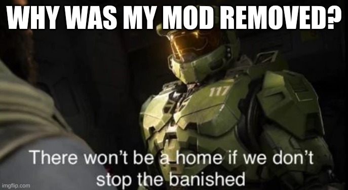 There won't be a home if we don't stop the banished | WHY WAS MY MOD REMOVED? | image tagged in there won't be a home if we don't stop the banished | made w/ Imgflip meme maker