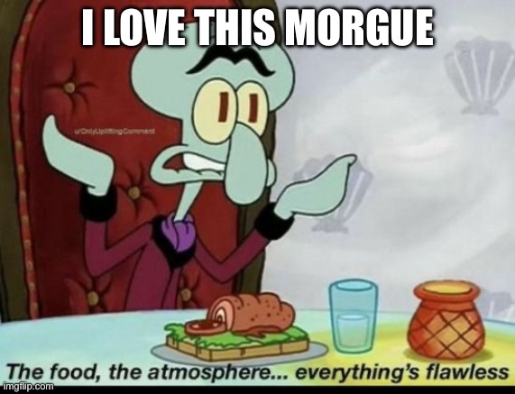 Morgue | I LOVE THIS MORGUE | image tagged in the food the atmosphere everything's flawless,morgue,dead body reported,dead | made w/ Imgflip meme maker