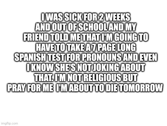 She jokes but not about Spanish | I WAS SICK FOR 2 WEEKS AND OUT OF SCHOOL AND MY FRIEND TOLD ME THAT I'M GOING TO HAVE TO TAKE A 7 PAGE LONG SPANISH TEST FOR PRONOUNS AND EVEN I KNOW SHE'S NOT JOKING ABOUT THAT. I'M NOT RELIGIOUS BUT PRAY FOR ME  I'M ABOUT TO DIE TOMORROW | image tagged in blank white template,help | made w/ Imgflip meme maker
