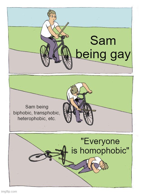 Bike Fall Meme | Sam being gay; Sam being biphobic, transphobic, heterophobic, etc. "Everyone is homophobic" | image tagged in memes,bike fall | made w/ Imgflip meme maker