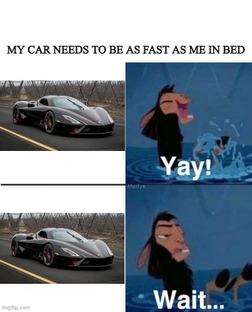 My car | MY CAR NEEDS TO BE AS FAST AS ME IN BED | image tagged in kuzco wait | made w/ Imgflip meme maker