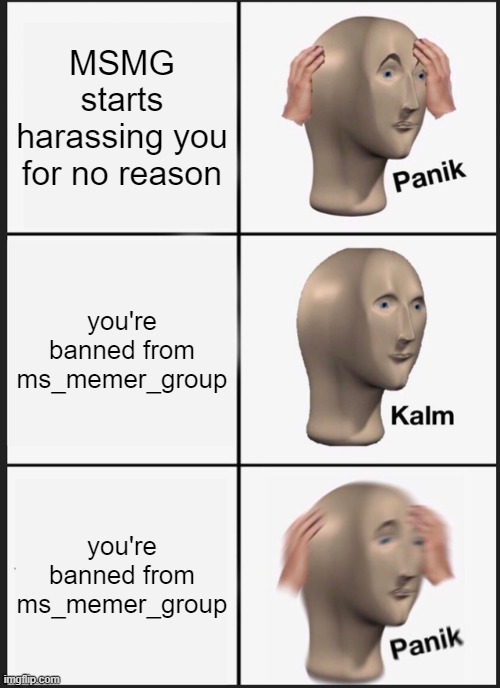 Panik Kalm Panik | MSMG starts harassing you for no reason; you're banned from ms_memer_group; you're banned from ms_memer_group | image tagged in memes,panik kalm panik | made w/ Imgflip meme maker