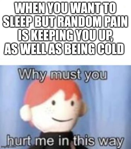 Ow | WHEN YOU WANT TO SLEEP BUT RANDOM PAIN IS KEEPING YOU UP, AS WELL AS BEING COLD | image tagged in blank why must you hurt me | made w/ Imgflip meme maker