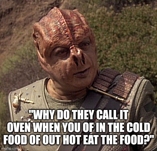 "Why do they call it oven when you of in the cold food of out hot eat the food?" | "WHY DO THEY CALL IT OVEN WHEN YOU OF IN THE COLD FOOD OF OUT HOT EAT THE FOOD?" | image tagged in darmok,star trek,star trek the next generation | made w/ Imgflip meme maker