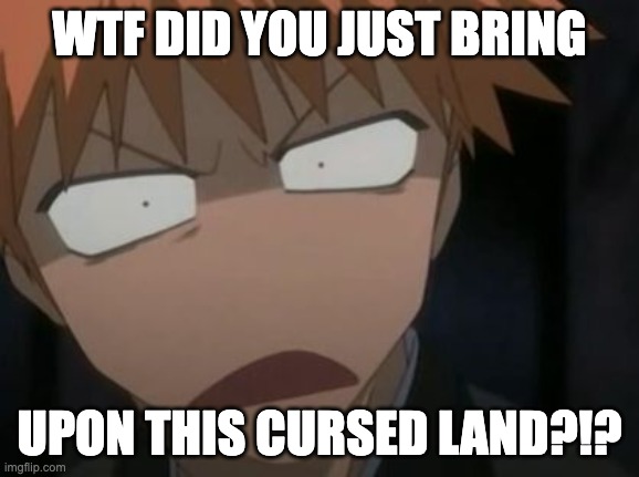 Ichigo what the f**k face | WTF DID YOU JUST BRING UPON THIS CURSED LAND?!? | image tagged in ichigo what the f k face | made w/ Imgflip meme maker