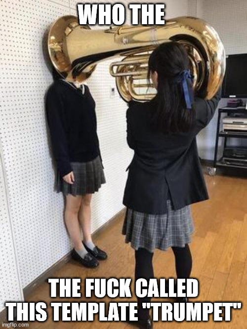 trumpet | WHO THE; THE FUCK CALLED THIS TEMPLATE "TRUMPET" | image tagged in trumpet,tuba | made w/ Imgflip meme maker