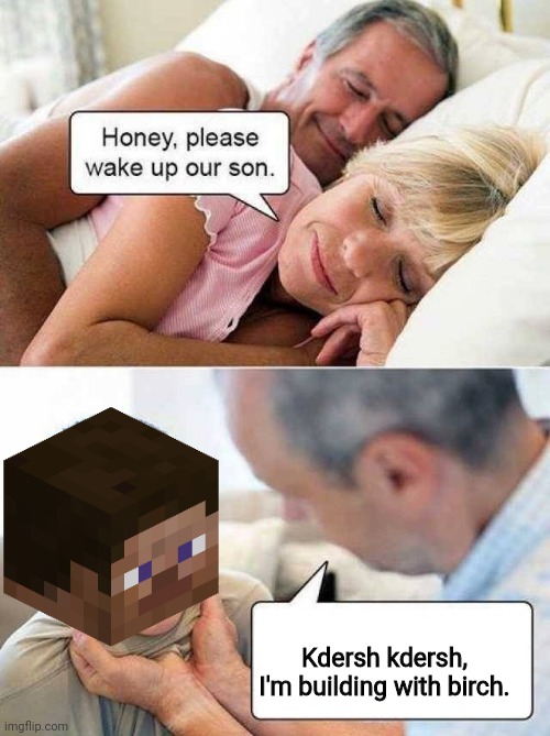 *scared Steve noices* | Kdersh kdersh,
I'm building with birch. | image tagged in honey please wake up our son,funny memes | made w/ Imgflip meme maker