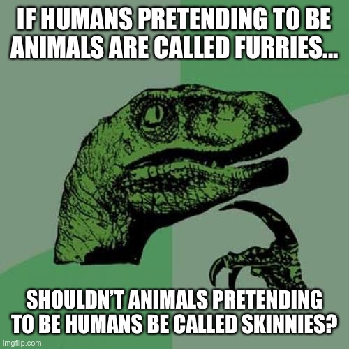 Sorry I haven’t uploaded in a while | IF HUMANS PRETENDING TO BE ANIMALS ARE CALLED FURRIES... SHOULDN’T ANIMALS PRETENDING TO BE HUMANS BE CALLED SKINNIES? | image tagged in memes,philosoraptor | made w/ Imgflip meme maker