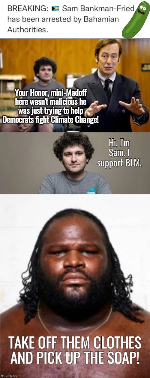 SBF legal drama | Your Honor, mini-Madoff here wasn't malicious he was just trying to help Democrats fight Climate Change! Hi, I'm Sam. I support BLM. | image tagged in better call saul | made w/ Imgflip meme maker