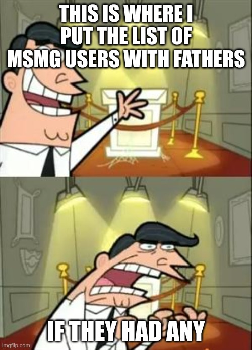 real | THIS IS WHERE I PUT THE LIST OF MSMG USERS WITH FATHERS; IF THEY HAD ANY | image tagged in memes,this is where i'd put my trophy if i had one | made w/ Imgflip meme maker