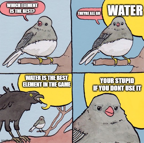 Toxic alchemy stars player | WATER; WHICH ELEMENT IS THE BEST? THEYRE ALL GO; WATER IS THE BEST ELEMENT IN THE GAME; YOUR STUPID IF YOU DONT USE IT | image tagged in interrupting bird,gaming | made w/ Imgflip meme maker