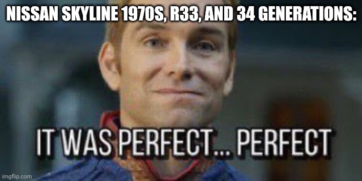 it was perfect... perfect | NISSAN SKYLINE 1970S, R33, AND 34 GENERATIONS: | image tagged in it was perfect perfect | made w/ Imgflip meme maker