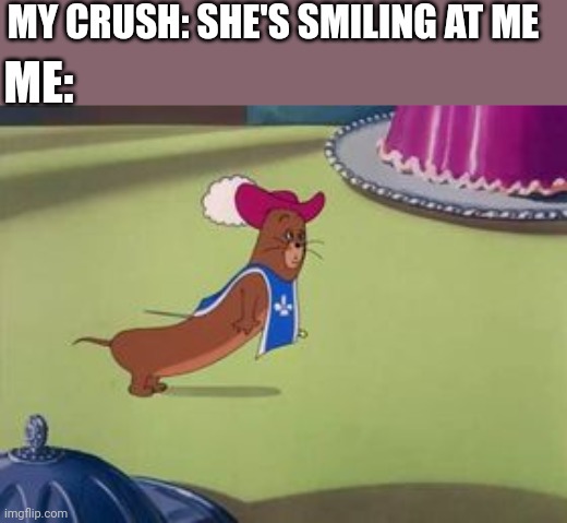 My pingas is happy | MY CRUSH: SHE'S SMILING AT ME; ME: | image tagged in jerry ate a banana,tom and jerry,warner bros,jerry,tom and jerry meme,banana | made w/ Imgflip meme maker