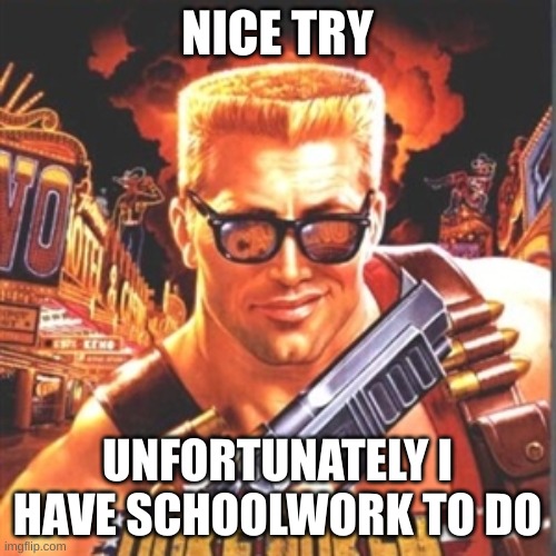 Duke Nukem | NICE TRY UNFORTUNATELY I HAVE SCHOOLWORK TO DO | image tagged in duke nukem | made w/ Imgflip meme maker