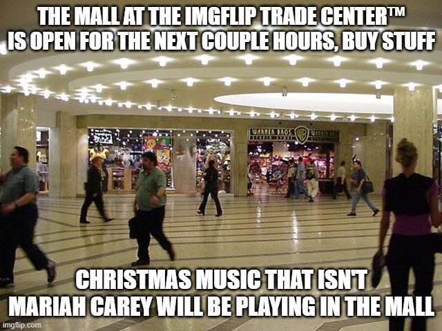 THE MALL AT THE IMGFLIP TRADE CENTER™ IS OPEN FOR THE NEXT COUPLE HOURS, BUY STUFF; CHRISTMAS MUSIC THAT ISN'T MARIAH CAREY WILL BE PLAYING IN THE MALL | made w/ Imgflip meme maker