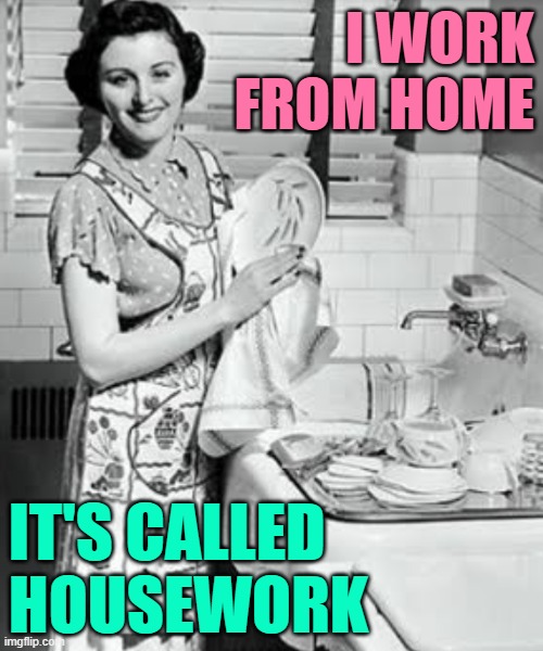 Work From Home Housewife | I WORK FROM HOME; IT'S CALLED HOUSEWORK | image tagged in washing dishes,housewife,funny memes,housework,work from home,lol so funny | made w/ Imgflip meme maker