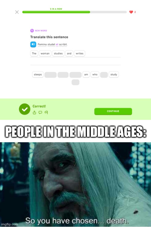 Yes | PEOPLE IN THE MIDDLE AGES: | image tagged in the lord of the rings,duolingo,saruman,so you have chosen death | made w/ Imgflip meme maker