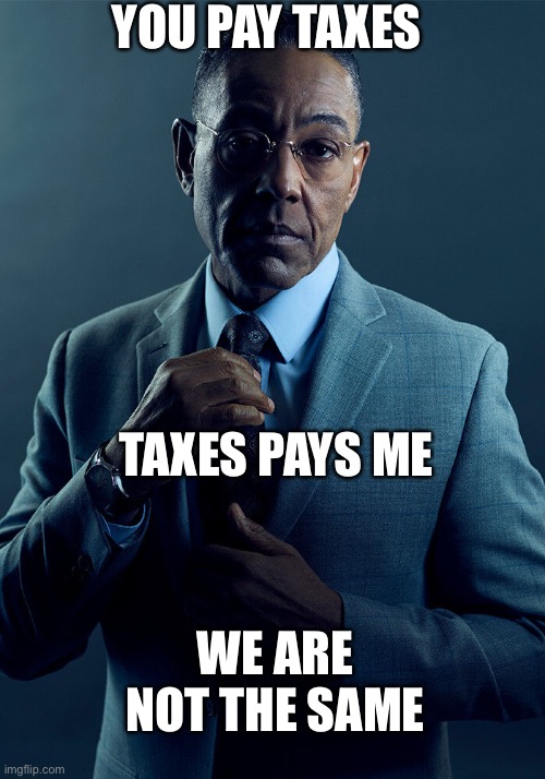 Taxes | YOU PAY TAXES; TAXES PAYS ME; WE ARE NOT THE SAME | image tagged in gus fring we are not the same | made w/ Imgflip meme maker