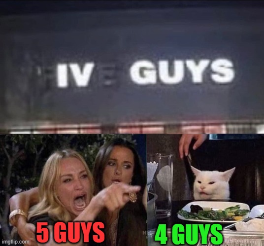 guys | 4 GUYS; 5 GUYS | image tagged in woman yelling at cat | made w/ Imgflip meme maker