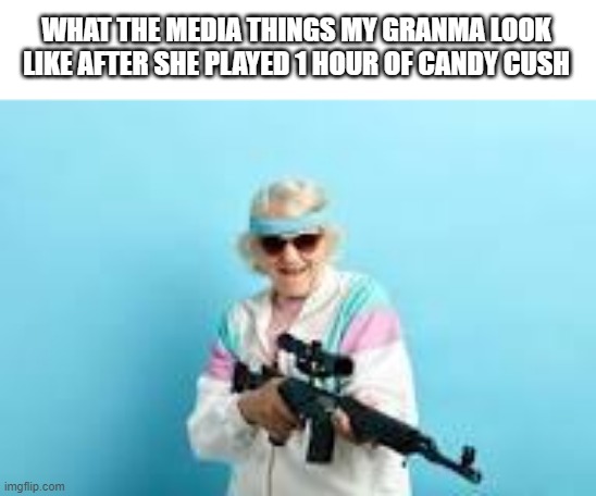 relatable | WHAT THE MEDIA THINGS MY GRANMA LOOK LIKE AFTER SHE PLAYED 1 HOUR OF CANDY CUSH | image tagged in tag | made w/ Imgflip meme maker