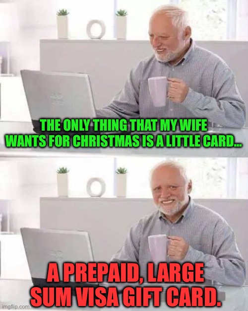 It’s the little things that count | THE ONLY THING THAT MY WIFE WANTS FOR CHRISTMAS IS A LITTLE CARD…; A PREPAID, LARGE SUM VISA GIFT CARD. | image tagged in memes,hide the pain harold,dad joke | made w/ Imgflip meme maker