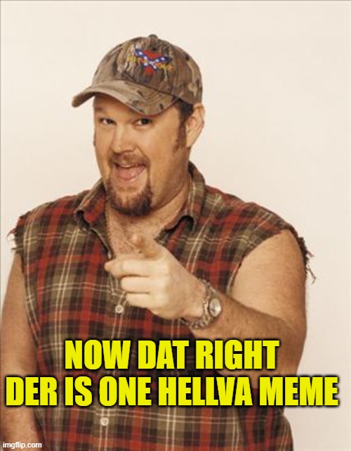 Larry The Cable Guy | NOW DAT RIGHT DER IS ONE HELLVA MEME | image tagged in larry the cable guy | made w/ Imgflip meme maker