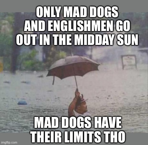 English people not to be defeated by the British summer. Just a drop of rain really... Cuppa, anyone? | ONLY MAD DOGS AND ENGLISHMEN GO OUT IN THE MIDDAY SUN; MAD DOGS HAVE THEIR LIMITS THO | image tagged in umbrella,english,rain,weather,british,summer | made w/ Imgflip meme maker