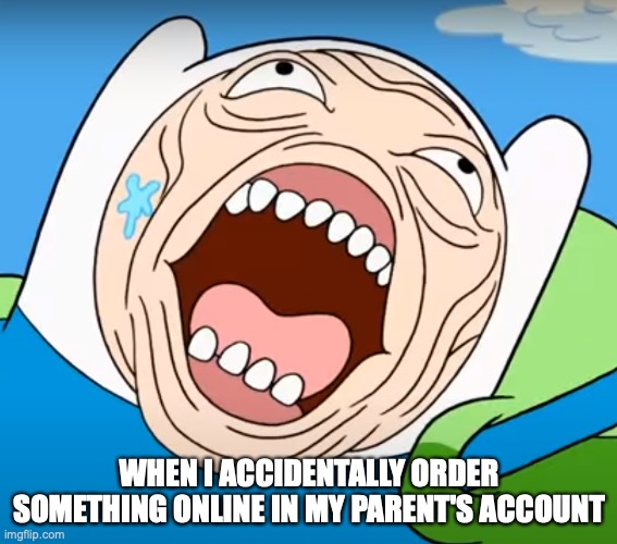 Finn's Face | WHEN I ACCIDENTALLY ORDER SOMETHING ONLINE IN MY PARENT'S ACCOUNT | image tagged in finn's face | made w/ Imgflip meme maker