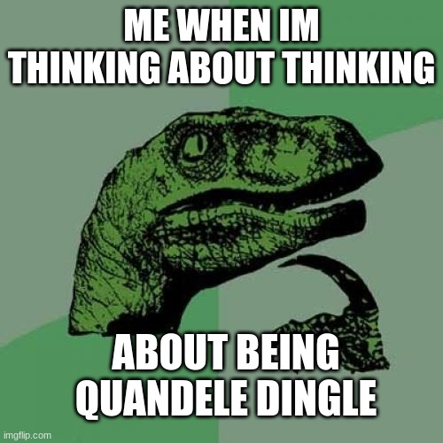 Please like | ME WHEN IM THINKING ABOUT THINKING; ABOUT BEING QUANDELE DINGLE | image tagged in memes,philosoraptor | made w/ Imgflip meme maker