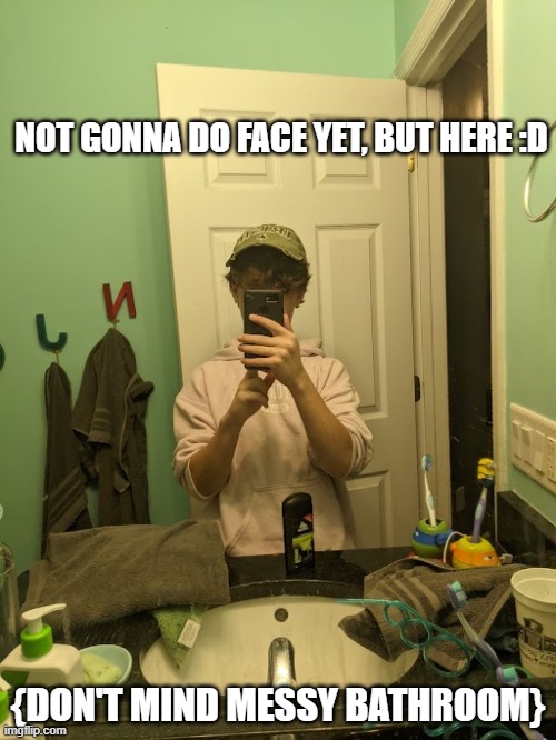 NOT GONNA DO FACE YET, BUT HERE :D; {DON'T MIND MESSY BATHROOM} | made w/ Imgflip meme maker