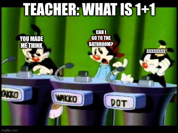 Animaniacs | TEACHER: WHAT IS 1+1; CAN I GO TO THE BATHROOM? YOU MADE ME THINK; ZZZZZZZZZZZ | image tagged in animaniacs | made w/ Imgflip meme maker