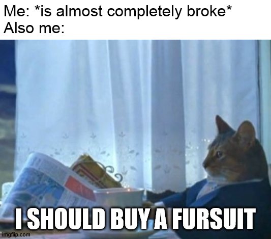 but NOOoOOOooOOOOooOooOoO it's like $10000 | Me: *is almost completely broke*
Also me:; I SHOULD BUY A FURSUIT | image tagged in memes,i should buy a boat cat,furry,fursuit | made w/ Imgflip meme maker