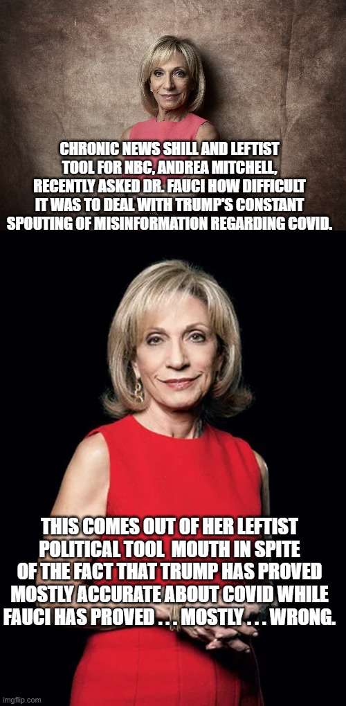 No wonder the mainstream media's ratings are chronically in the dumpster nowadays. | CHRONIC NEWS SHILL AND LEFTIST TOOL FOR NBC, ANDREA MITCHELL, RECENTLY ASKED DR. FAUCI HOW DIFFICULT IT WAS TO DEAL WITH TRUMP'S CONSTANT SPOUTING OF MISINFORMATION REGARDING COVID. THIS COMES OUT OF HER LEFTIST POLITICAL TOOL  MOUTH IN SPITE OF THE FACT THAT TRUMP HAS PROVED MOSTLY ACCURATE ABOUT COVID WHILE FAUCI HAS PROVED . . . MOSTLY . . . WRONG. | image tagged in garbage news | made w/ Imgflip meme maker