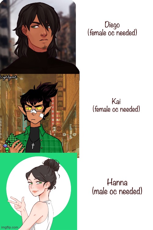 no joke ocs any rp is okay and info will be given if asked send memechat or ask | Diego
(female oc needed); Kai
(female oc needed); Hanna
(male oc needed) | image tagged in yes | made w/ Imgflip meme maker