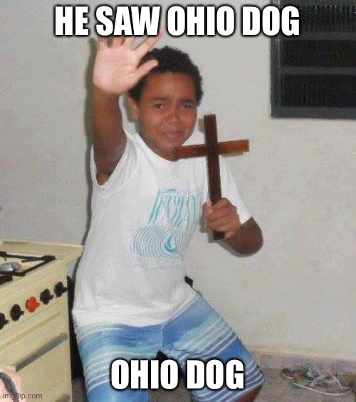 kid with cross | HE SAW OHIO DOG OHIO DOG | image tagged in kid with cross | made w/ Imgflip meme maker